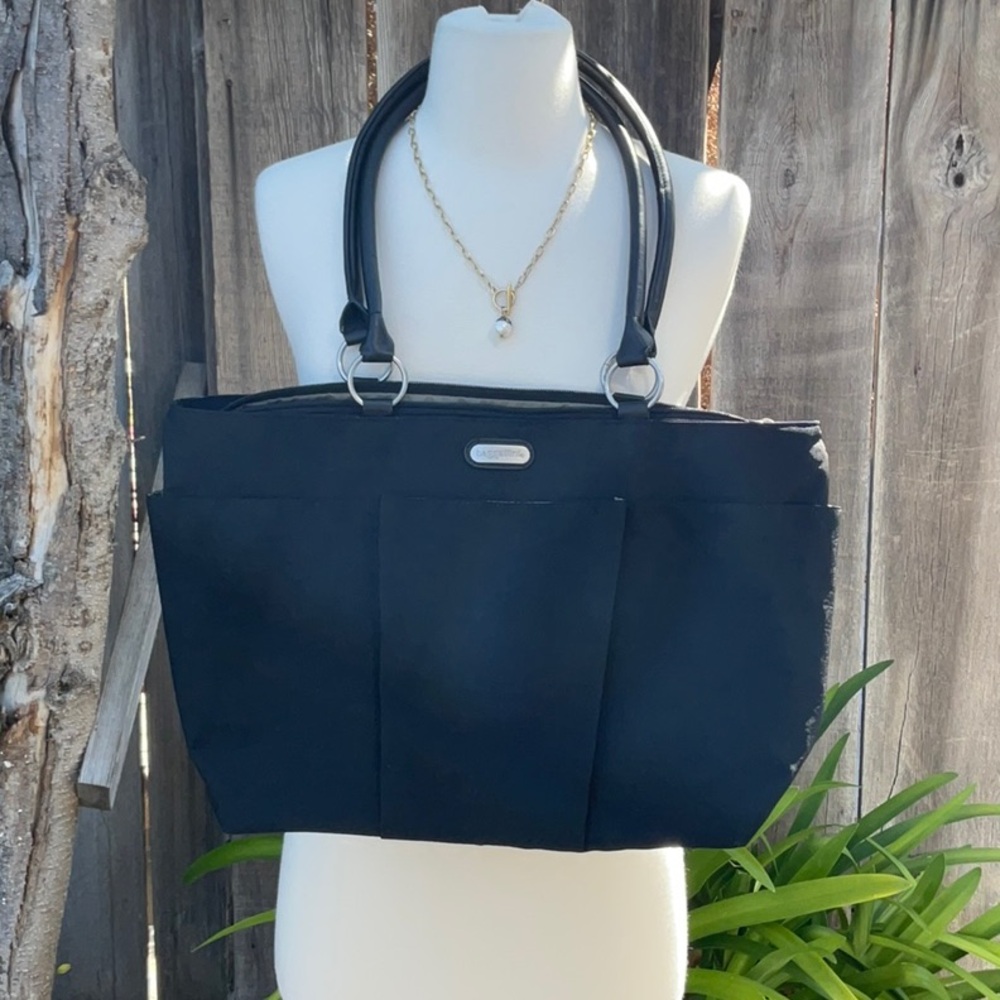 Baggallini Black Tote Bag with Double Straps and Silver Hardware